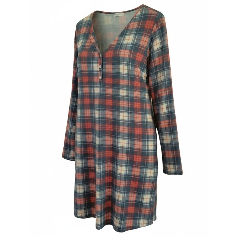 Women’s Plaid Tunic Blouse - Blue, Rust & Cream